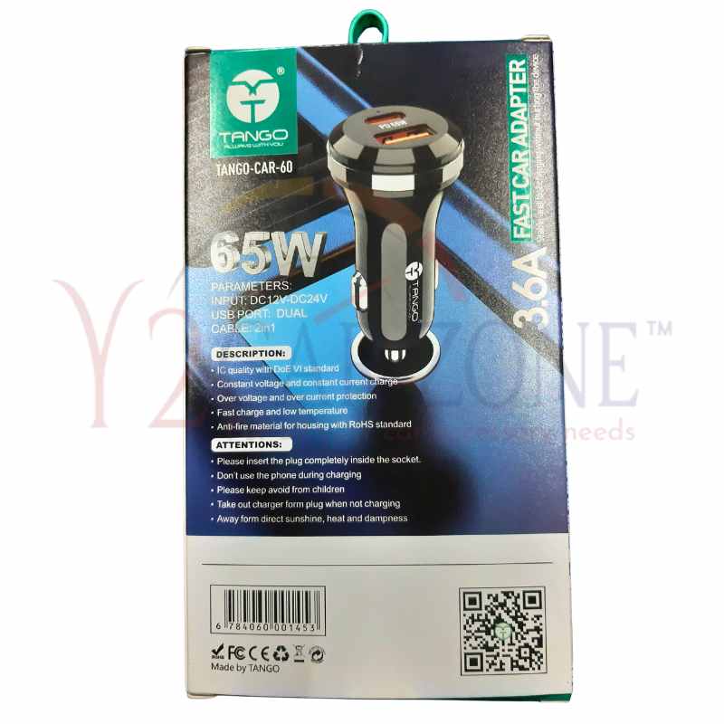 Tango 65W Quick Car Charger 3.6A 